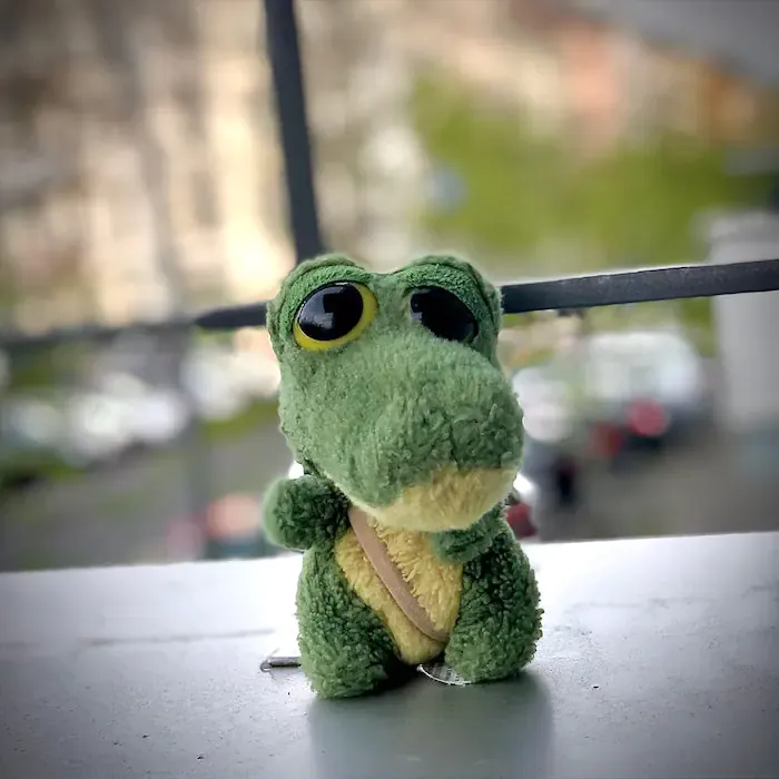 A small toy alligator, smiling patiently.