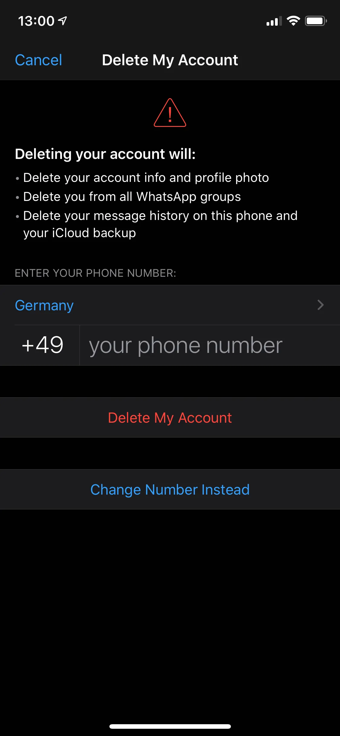 Screenshot of account deletion